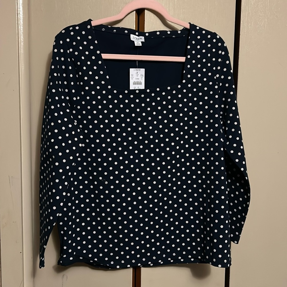 NWT J.Crew, long sleeved square neck polkadot top